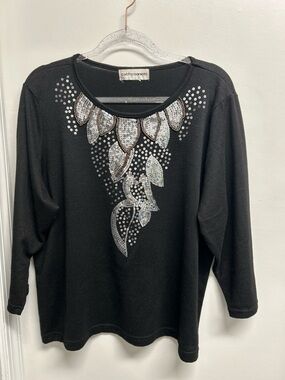 Cathy Daniels Black Scoop Neck Top with Silver Sequin Leaf Motif